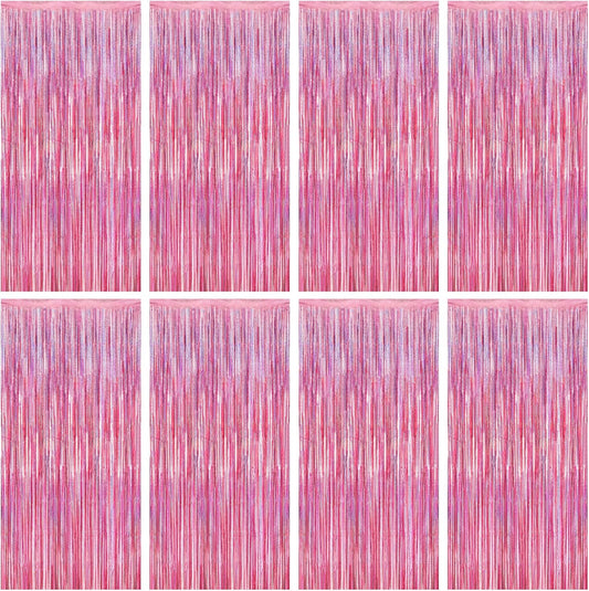 8 Pack Pink Backdrop, 3.28 FT x 7.05 FT Fringe Curtains, Metallic Glitter Pink Fringe Party