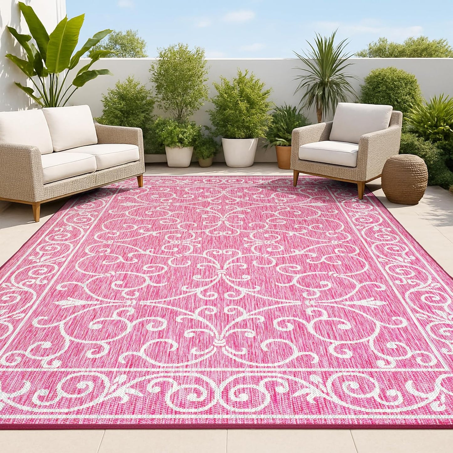 JONATHAN Y Vintage Filigree Indoor Outdoor Area Rug 4X6 Fuchsia/Light Gray, Charleston Textured