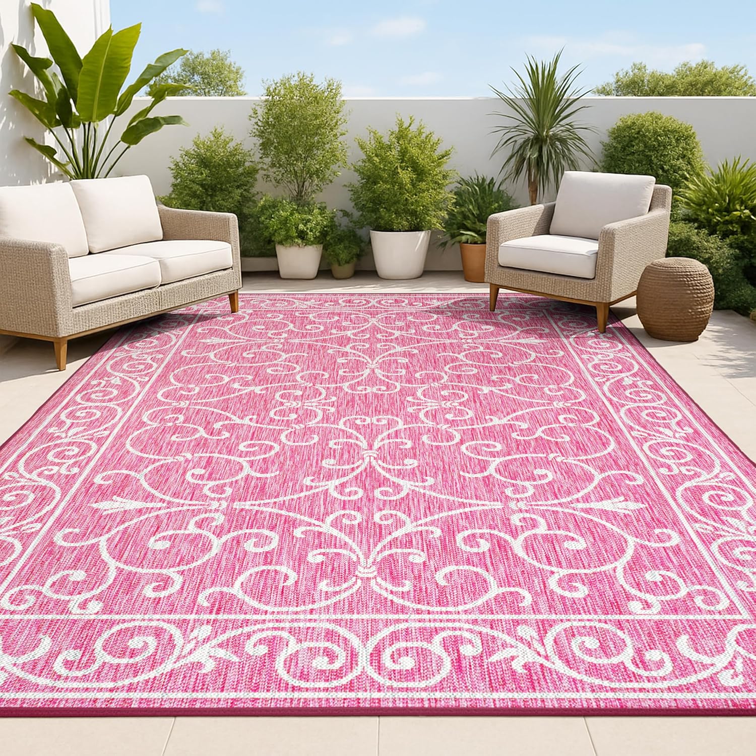 JONATHAN Y Vintage Filigree Indoor Outdoor Area Rug 4X6 Fuchsia/Light Gray, Charleston Textured