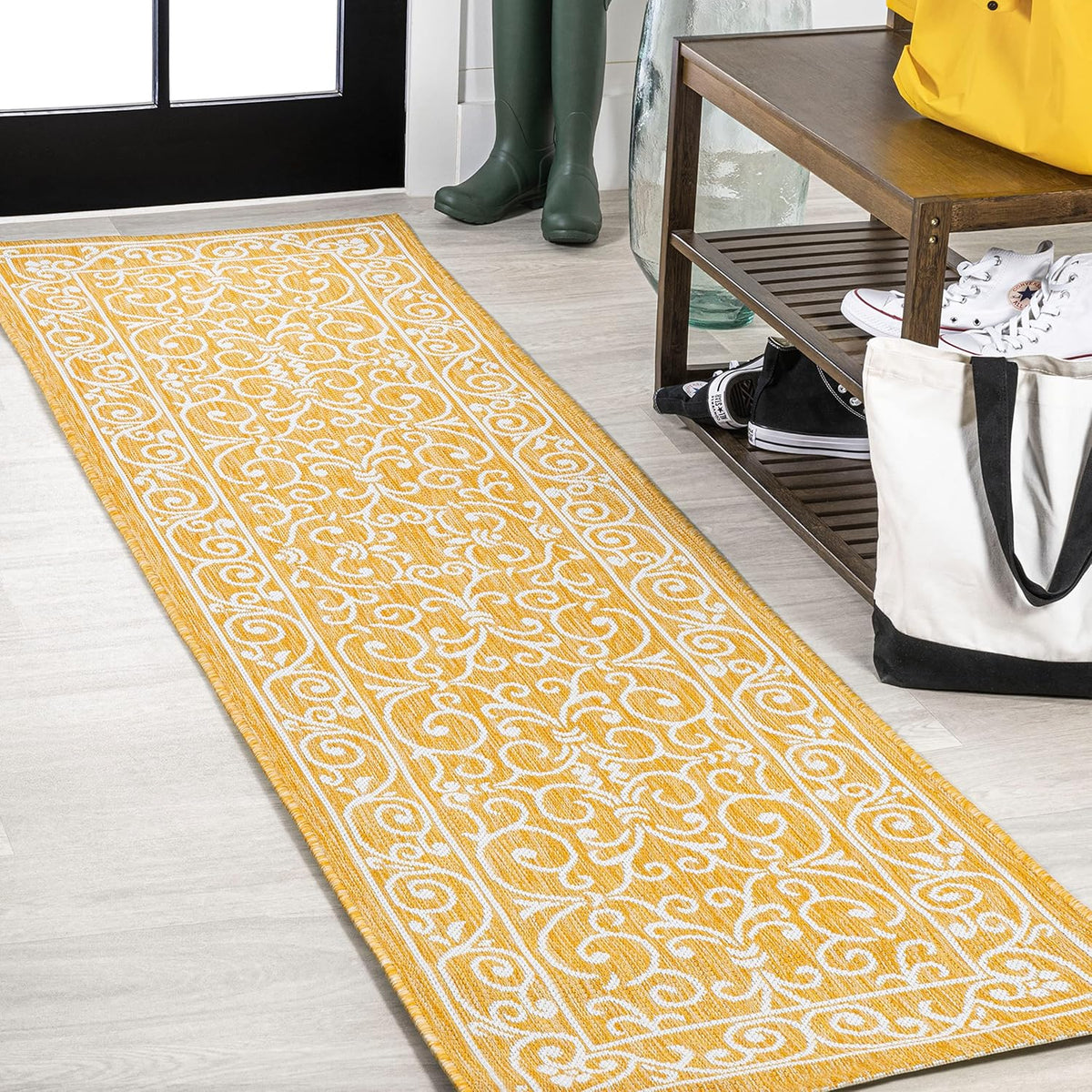 JONATHAN Y Vintage Filigree Indoor Outdoor Runner Rug 2X10 Yellow/Cream, Charleston Textured Weave