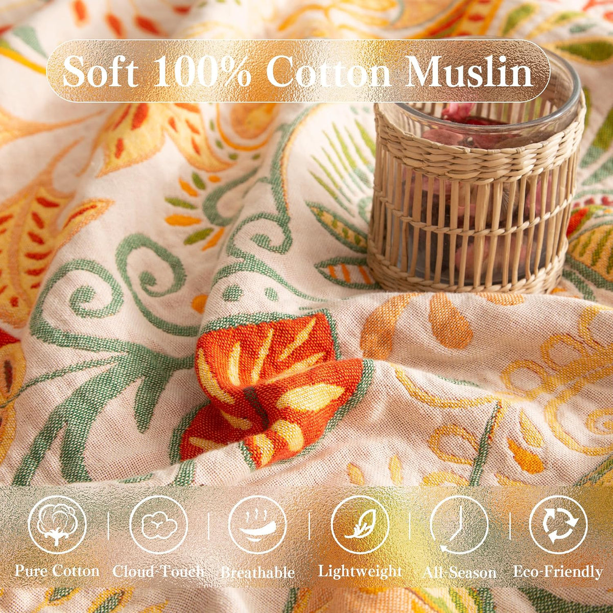 Boho Throw Blanket Queen Size, Oversized Soft Cozy Cotton Muslin Quilt Blanket for Bed Decor