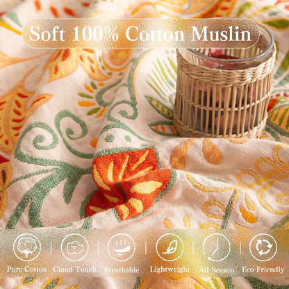 Boho Throw Blanket Queen Size, Oversized Soft Cozy Cotton Muslin Quilt Blanket for Bed Decor