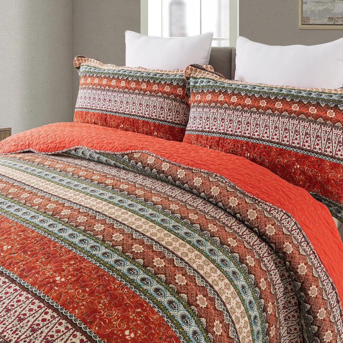 NEWLAKE Cotton Bedspread Quilt Sets - Reversible Patchwork Coverlet Set, Red Striped Jacquard