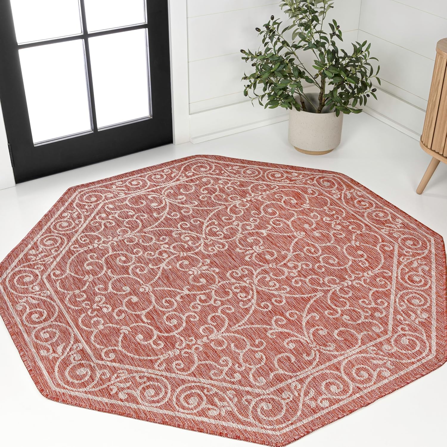 JONATHAN Y Vintage Filigree Indoor Outdoor Octagon Area Rug 8 Ft Red/Beige, Charleston Textured