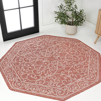 JONATHAN Y Vintage Filigree Indoor Outdoor Octagon Area Rug 8 Ft Red/Beige, Charleston Textured