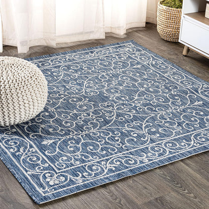 JONATHAN Y Vintage Filigree Indoor Outdoor Square Area Rug 4X4 Navy/Gray, Charleston Textured Weave