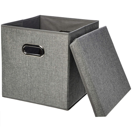 Amazon Basics Foldable Burlap Cloth Cube Storage Bins with Lid, Collapsible Organizing Containers