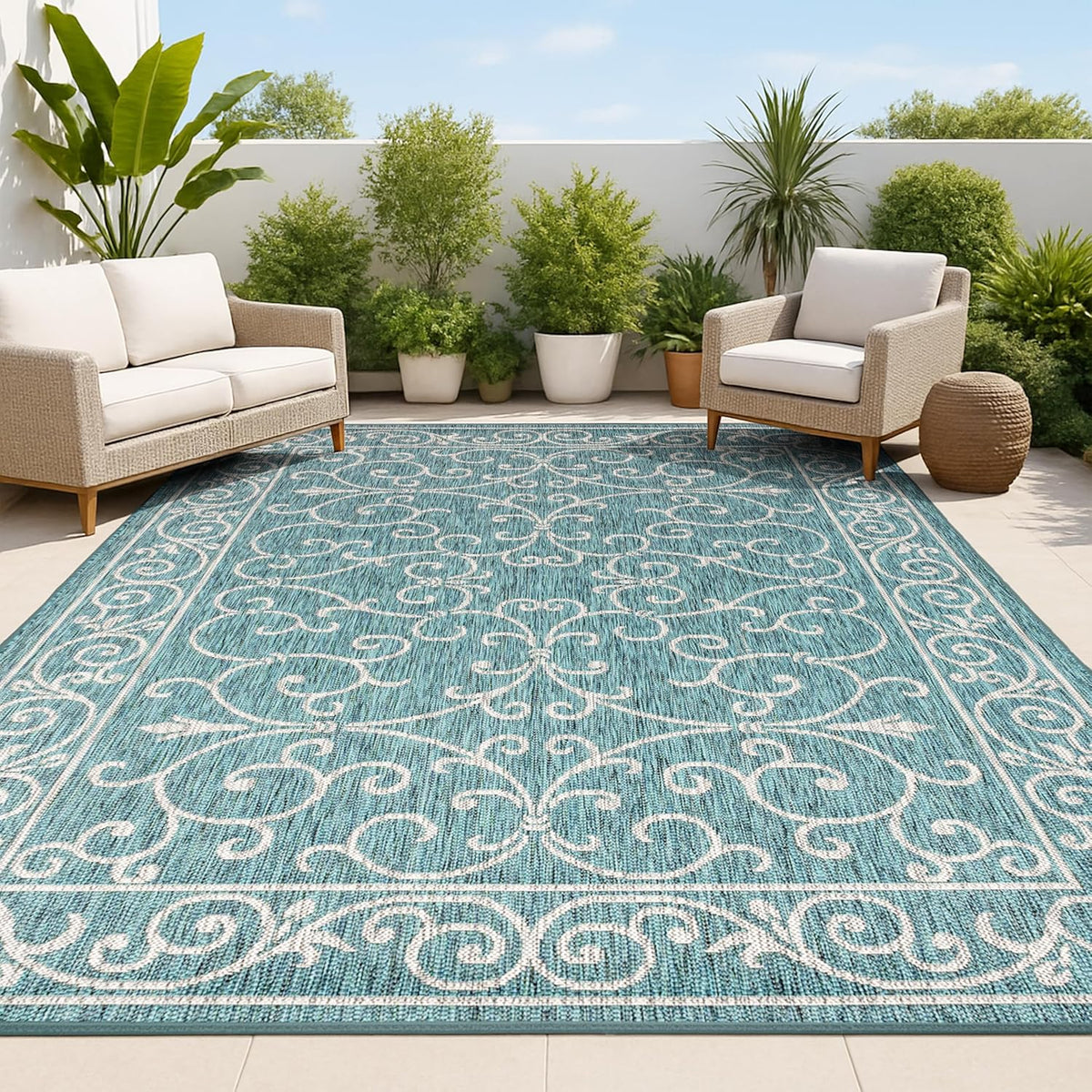 JONATHAN Y Vintage Filigree Indoor Outdoor Area Rug 3X5 Teal/Gray, Charleston Textured Weave for