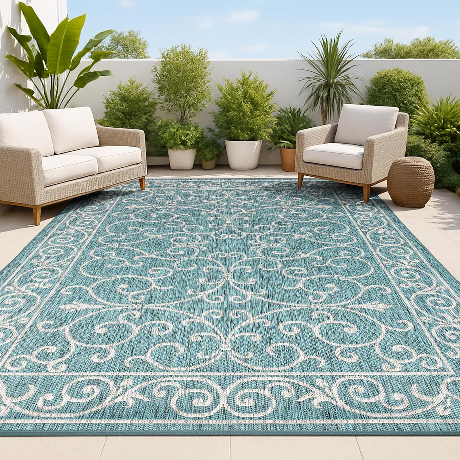 JONATHAN Y Vintage Filigree Indoor Outdoor Area Rug 3X5 Teal/Gray, Charleston Textured Weave for