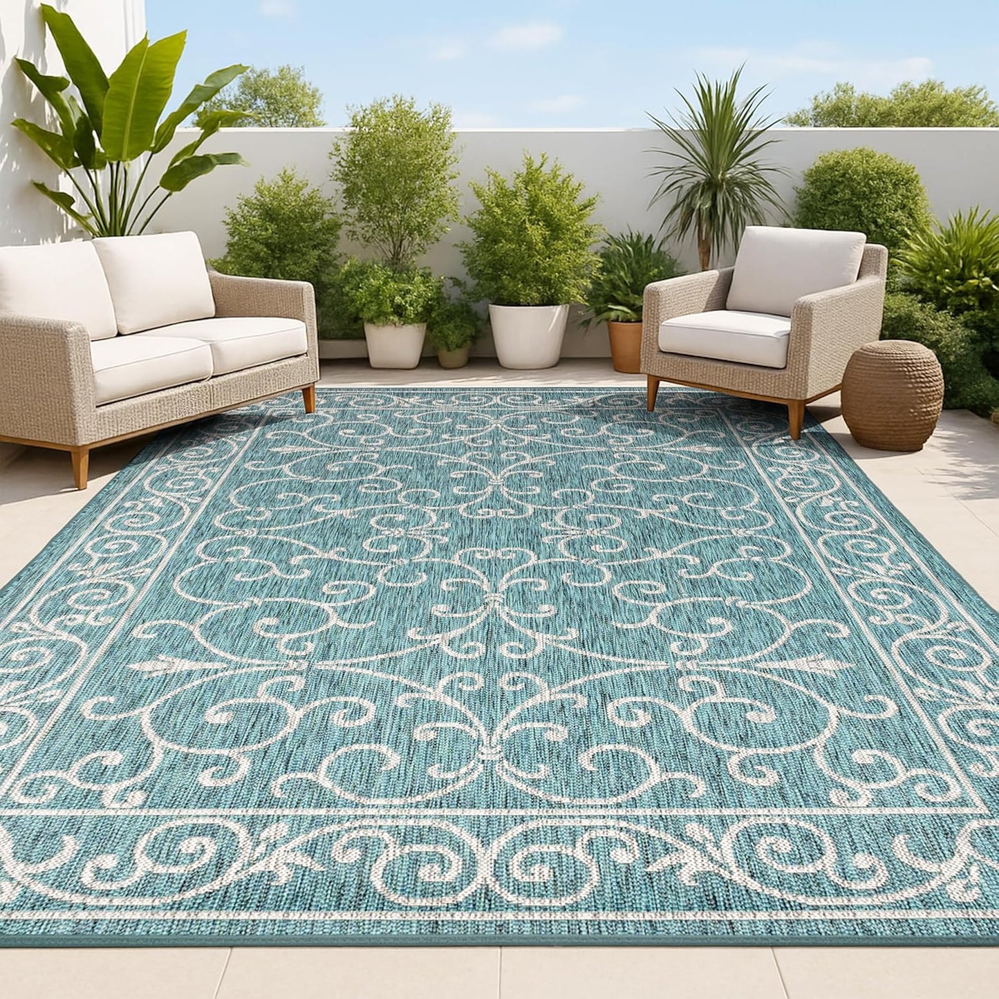 JONATHAN Y Vintage Filigree Indoor Outdoor Area Rug 8X10 Teal/Gray, Charleston Textured Weave for