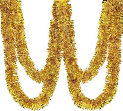 25 ft Long Roll Gold Tinsel Twist Garland, Shiny Metallic Foil Decorations for Parade Floats