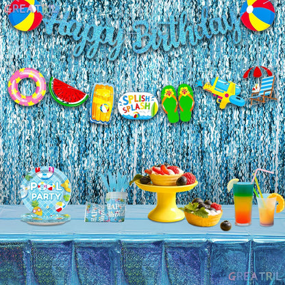 Wavy Blue Streamers Party Backdrop - GREATRIL Fringe Curtain for Pool