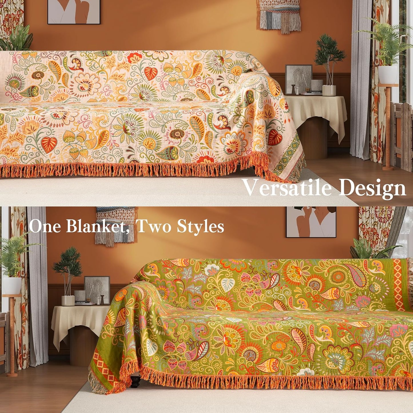 Boho Throw Blanket Full Size, Extra Large Soft Cozy Cotton Muslin Quilt Blanket for Bed Decor