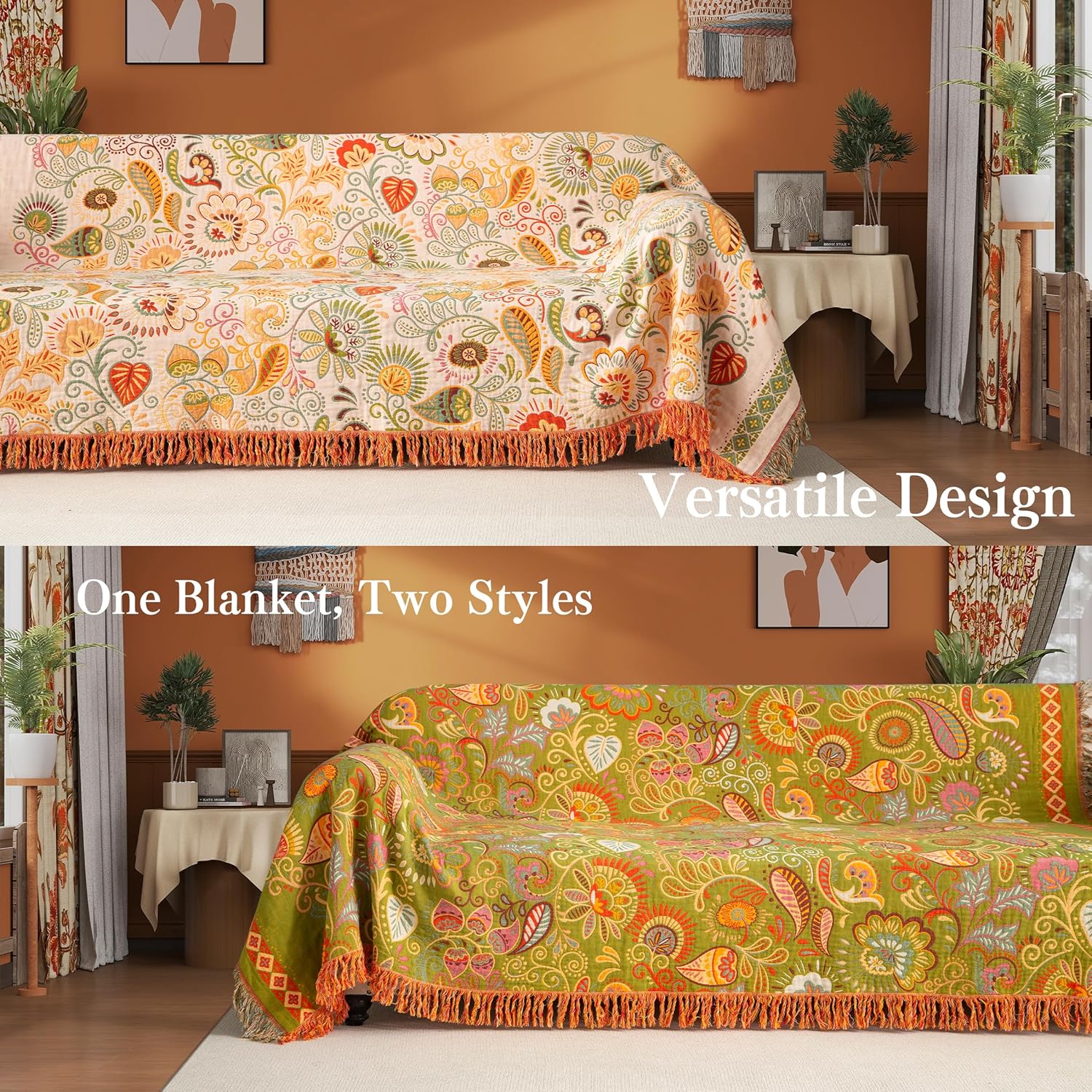 Boho Throw Blanket Full Size, Extra Large Soft Cozy Cotton Muslin Quilt Blanket for Bed Decor