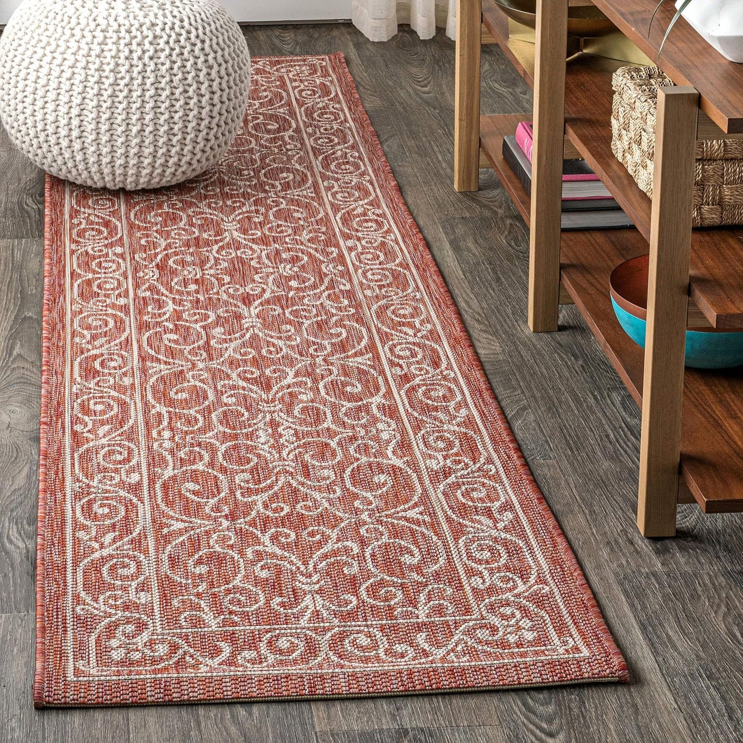 JONATHAN Y Vintage Filigree Indoor Outdoor Runner Rug 2X10 Red/Beige, Charleston Textured Weave for