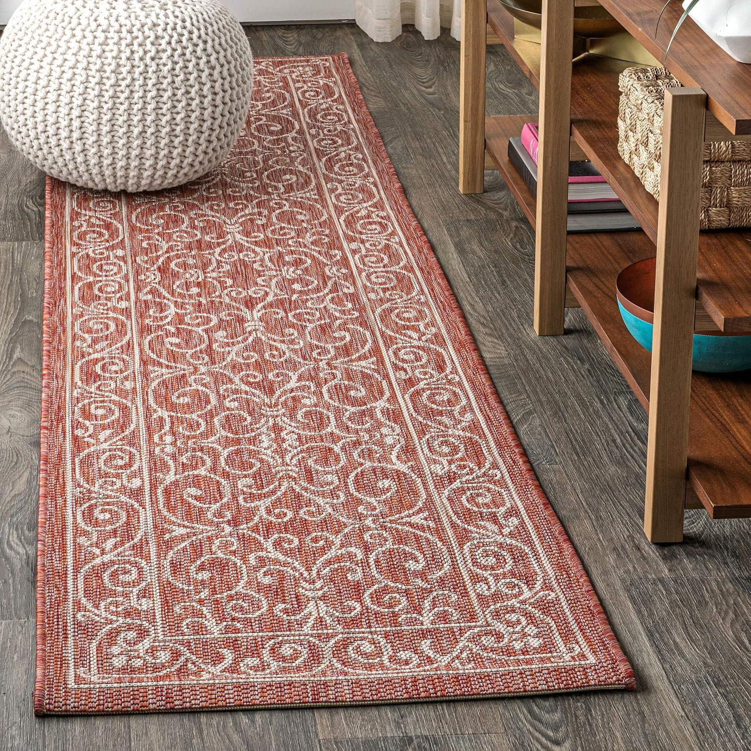 JONATHAN Y Vintage Filigree Indoor Outdoor Runner Rug 2X10 Red/Beige, Charleston Textured Weave for