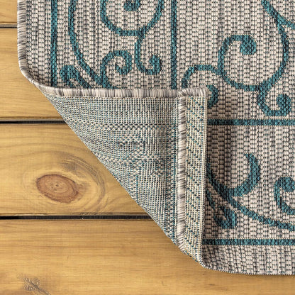 JONATHAN Y Vintage Filigree Indoor Outdoor Runner Rug 2X8 Gray/Teal, Charleston Textured Weave for