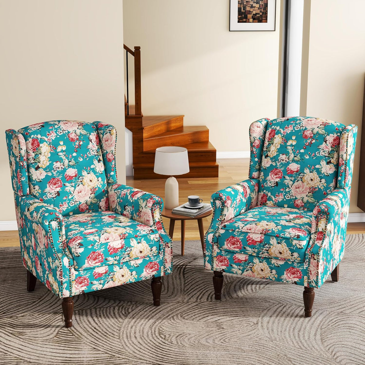 UIXE High Back Floral Accent Chairs Set of 2, Upholstered Armchair in Fabric, Retro Printed