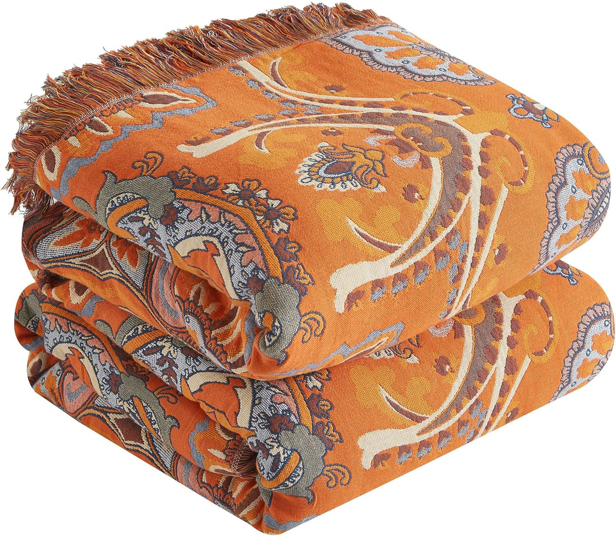 Boho Throw Blanket for Bed 80”x90”, 100% Cotton Woven Blanket for Couch Sofa, Ultra Soft 4-Layer