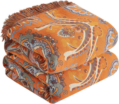 Boho Throw Blanket for Bed 80”x90”, 100% Cotton Woven Blanket for Couch Sofa, Ultra Soft 4-Layer
