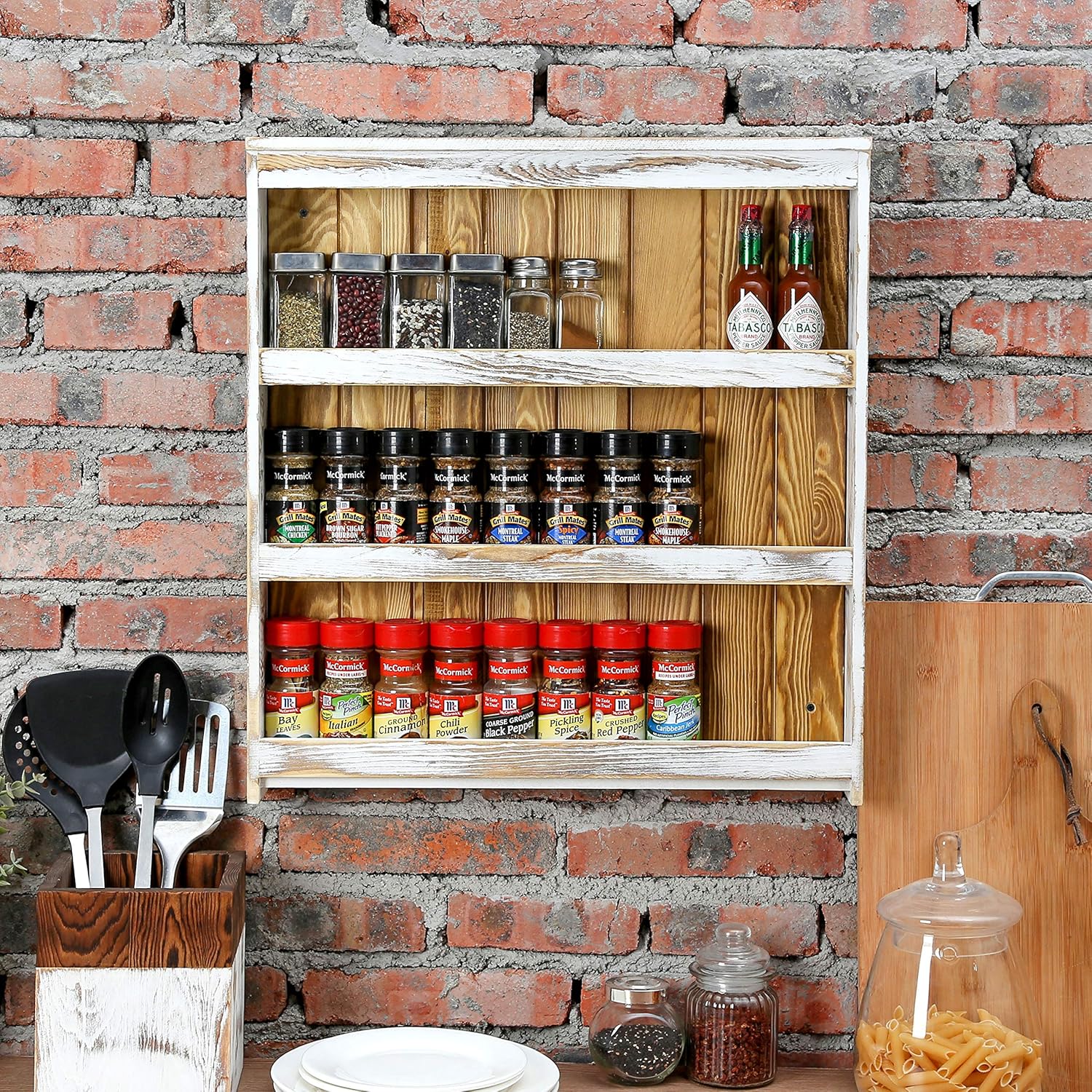 MyGift 3 Tier Wall Mounted Spice Rack, Shabby White Washed and Rustic Natural Burnt Solid Wood