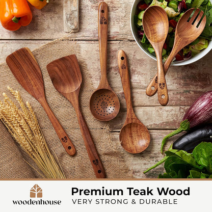 Wooden Spoons for Cooking – Wooden Kitchen Utensils Set, 6 Pcs Teak Wood Utensil Set – Comfortable