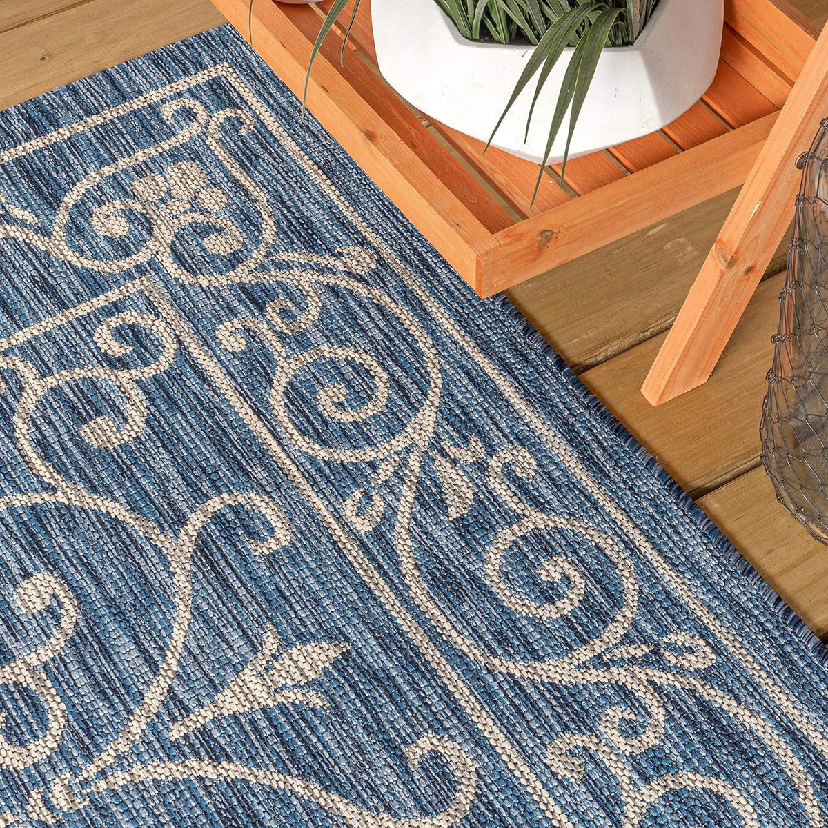 JONATHAN Y Vintage Filigree Indoor Outdoor Runner Rug 2X10 Navy/Gray, Charleston Textured Weave for