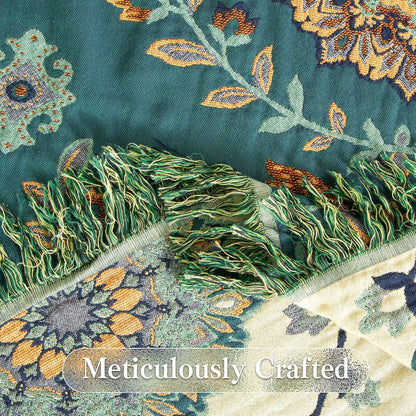 Boho Throw Blanket Twin Size, Soft Cozy Cotton Muslin Quilt Blanket for Bed Decor, Floral Patterned