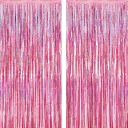 2 Pack Glitter Pink Backdrop, 3.28 FT x 7.05 FT Birthday Party Decorations, Laser Pink Fringe
