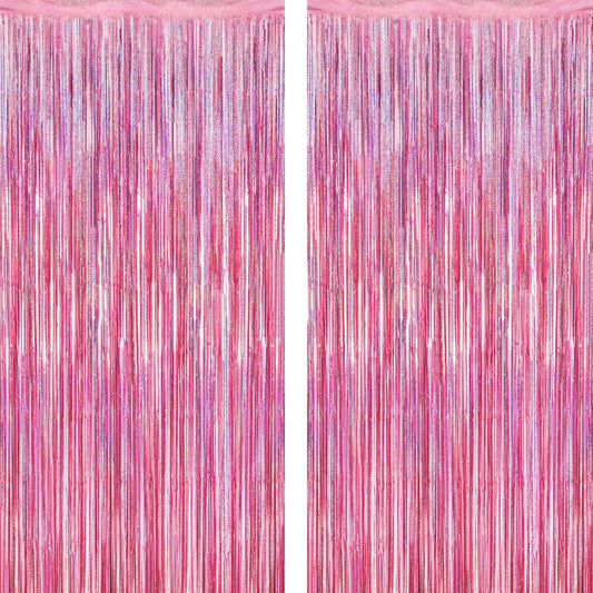 2 Pack Glitter Pink Backdrop, 3.28 FT x 7.05 FT Birthday Party Decorations, Laser Pink Fringe