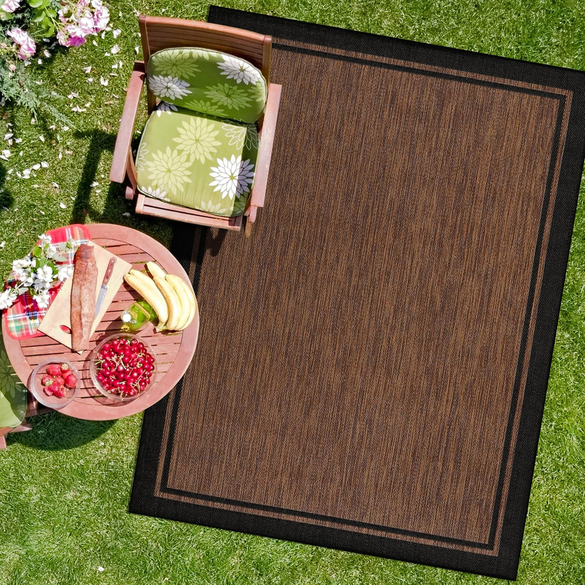CAMILSON Indoor Outdoor Rug, 6x9 Bordered Nut Brown Black Modern Area Rugs for Indoor and Outdoor