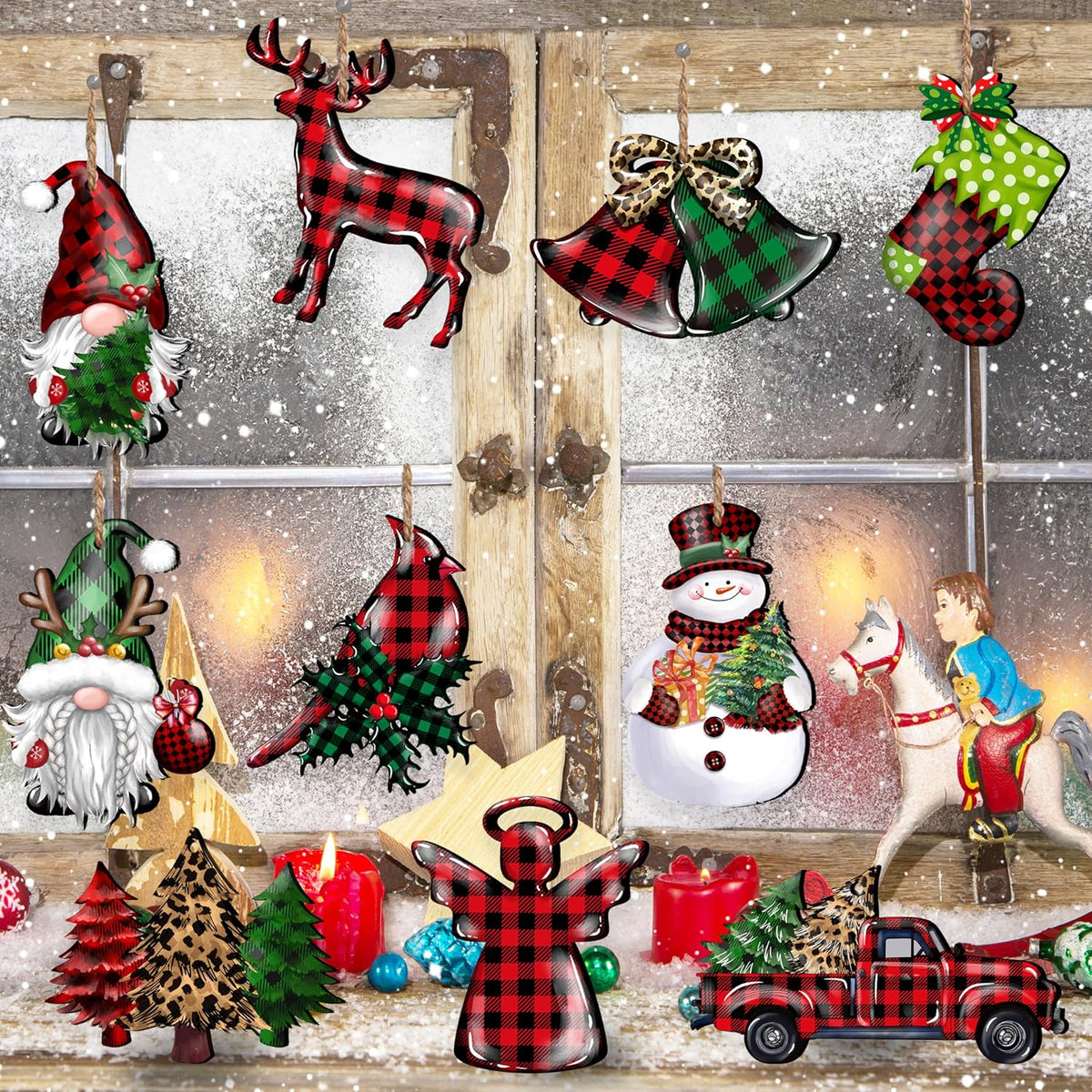 24 Pieces Christmas Wood Ornaments Snowflake Gnome Snowman Truck Wooden Hanging Ornaments Christmas