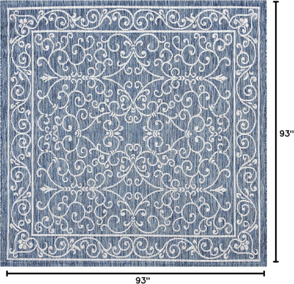 JONATHAN Y Vintage Filigree Indoor Outdoor Square Area Rug 8X8 Navy/Gray, Charleston Textured Weave