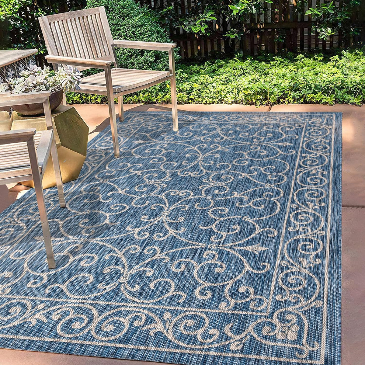 JONATHAN Y Vintage Filigree Indoor Outdoor Area Rug 9X12 Navy/Gray, Charleston Textured Weave for