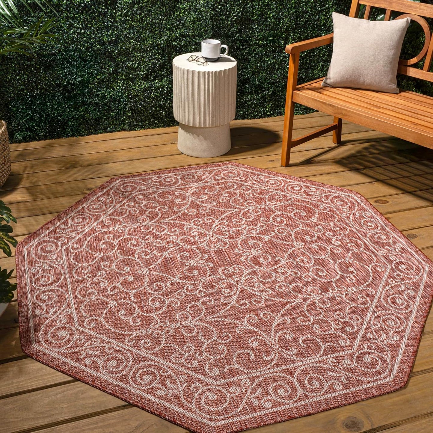 JONATHAN Y Vintage Filigree Indoor Outdoor Octagon Area Rug 8 Ft Red/Beige, Charleston Textured