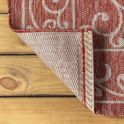 JONATHAN Y Vintage Filigree Indoor Outdoor Round Area Rug 4 Ft Red/Beige, Charleston Textured Weave