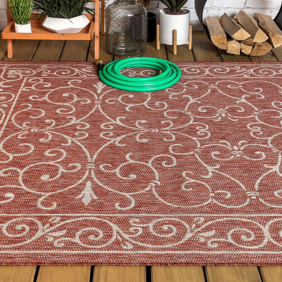 JONATHAN Y Vintage Filigree Indoor Outdoor Area Rug 9X12 Red/Beige, Charleston Textured Weave for