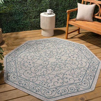 JONATHAN Y Vintage Filigree Indoor Outdoor Octagon Area Rug 5 Ft Gray/Teal, Charleston Textured