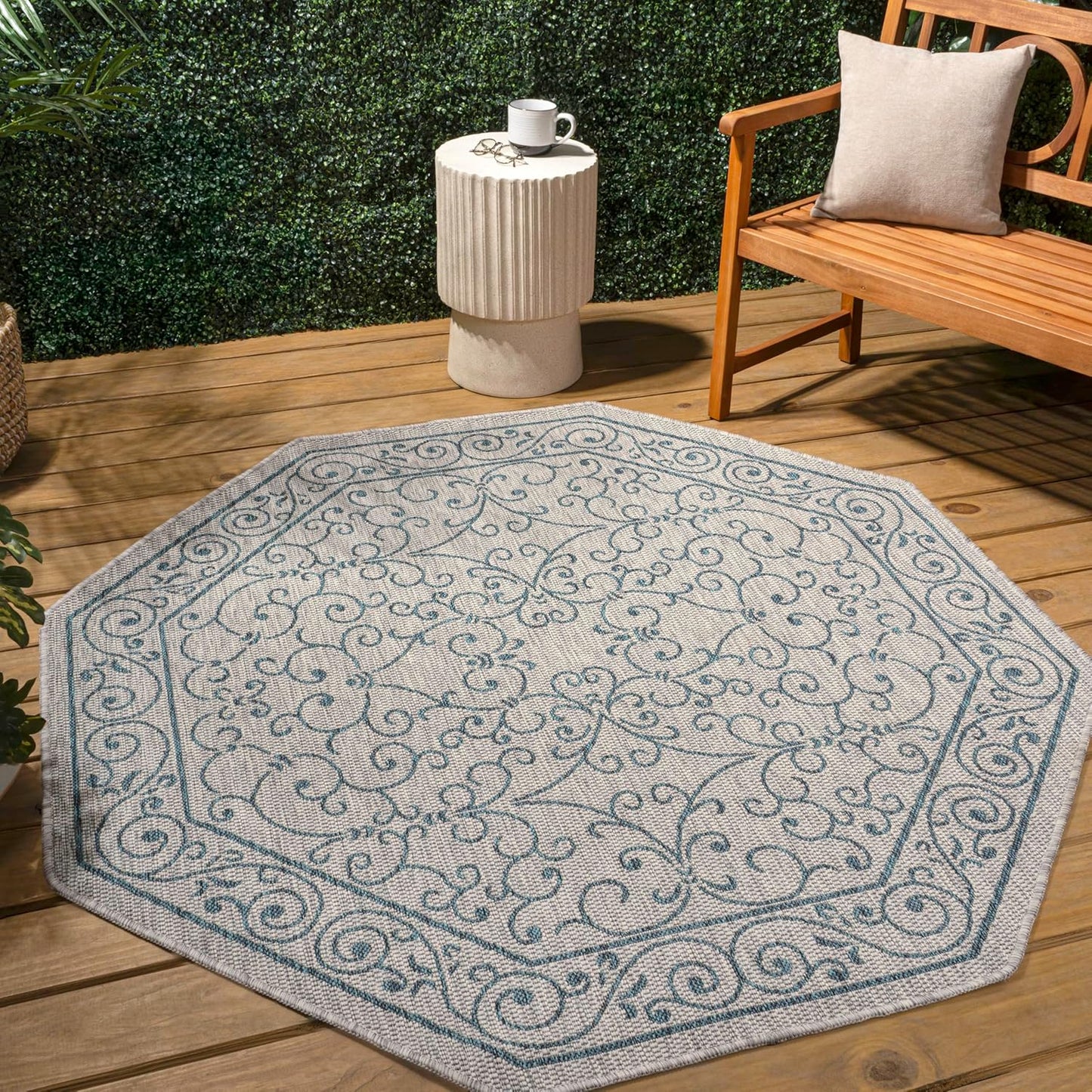 JONATHAN Y Vintage Filigree Indoor Outdoor Octagon Area Rug 8 Ft Gray/Teal, Charleston Textured