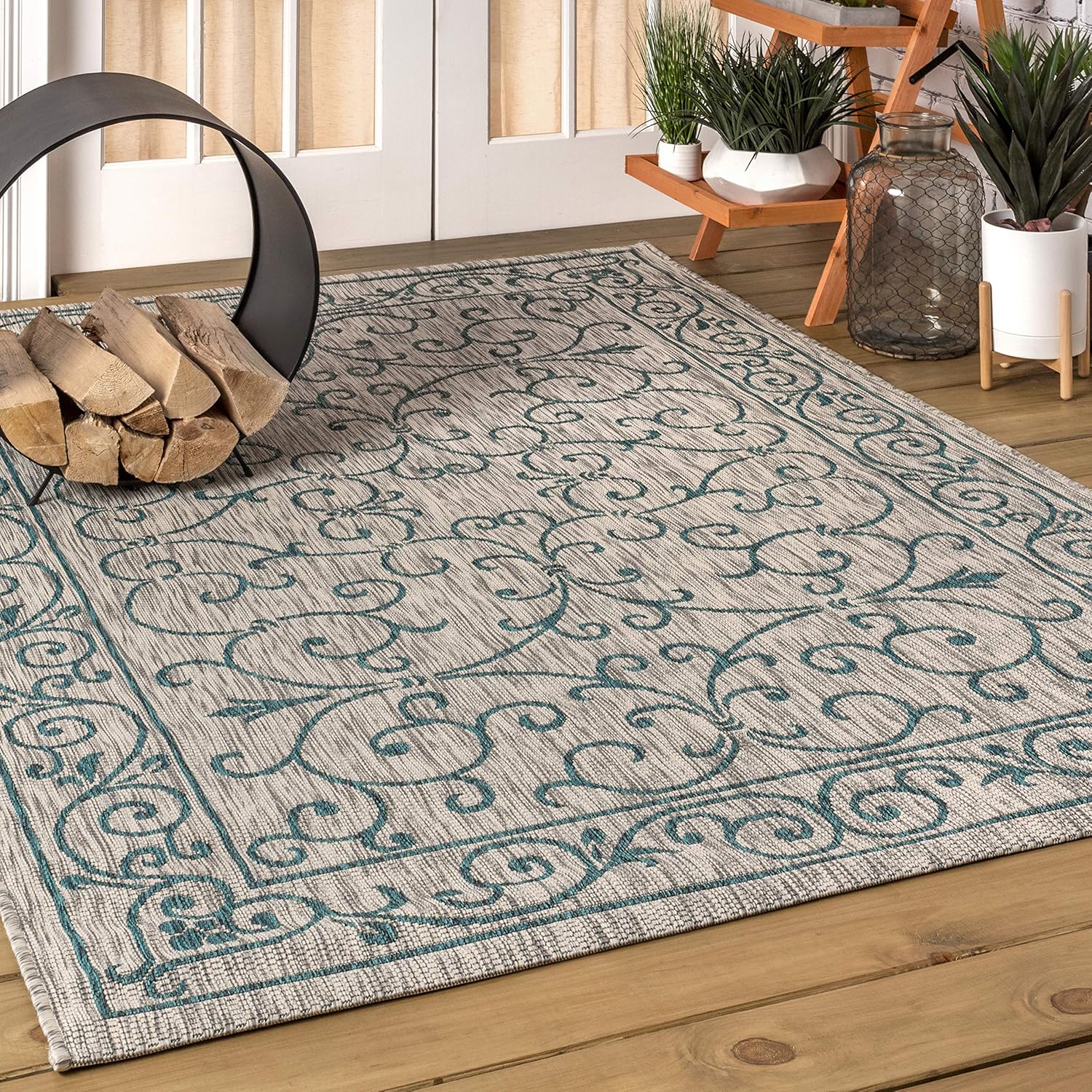 JONATHAN Y Vintage Filigree Indoor Outdoor Area Rug 4X6 Gray/Teal, Charleston Textured Weave for