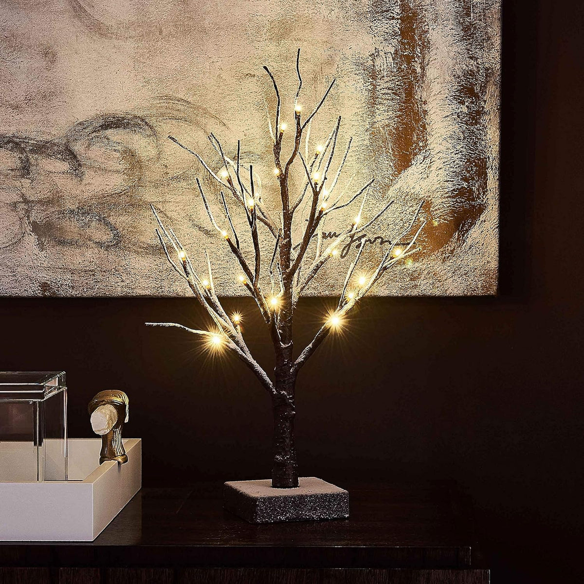 Hairui Pre Lit Tabletop Snow Dusted Tree with Timer 24LED 18IN Battery Operated for Christmas