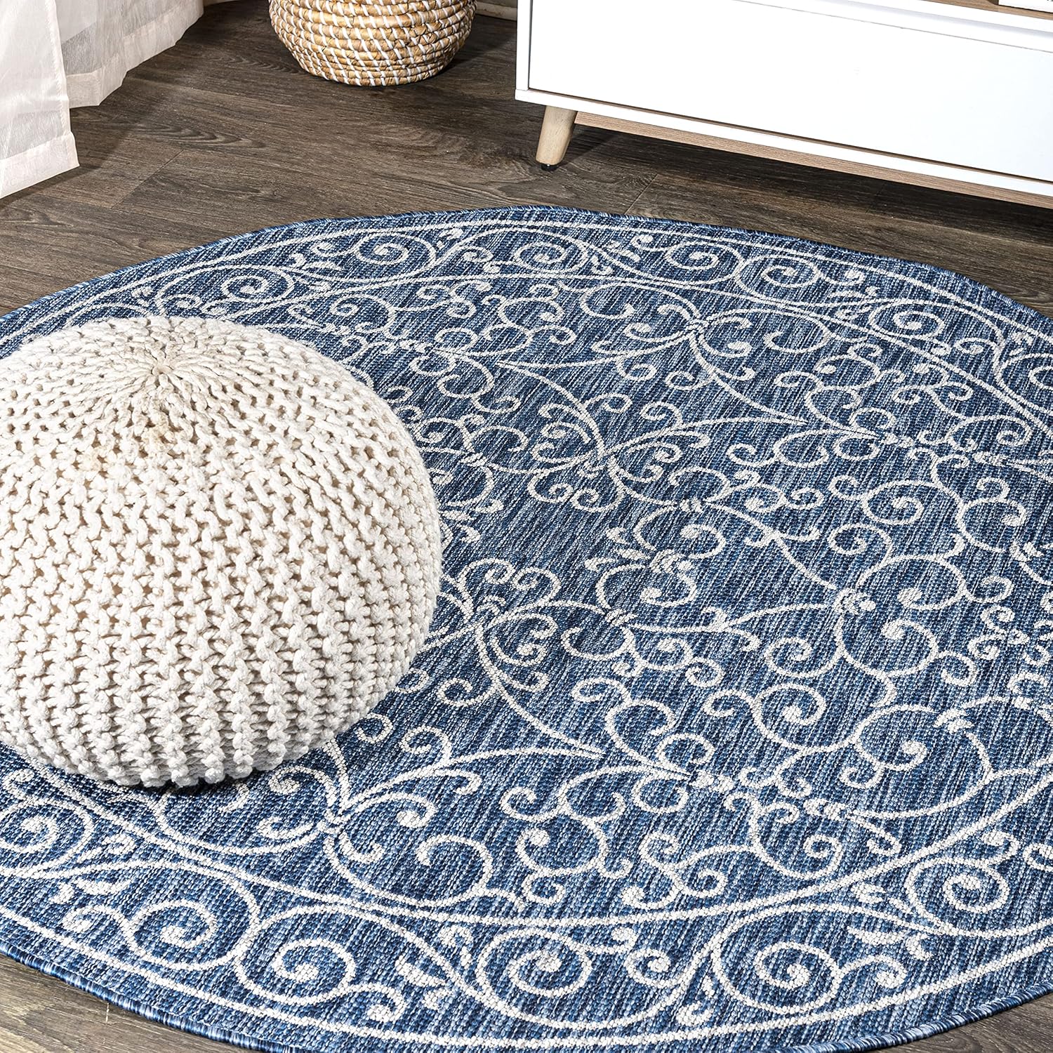 JONATHAN Y Vintage Filigree Indoor Outdoor Round Area Rug 5 Ft Navy/Gray, Charleston Textured Weave