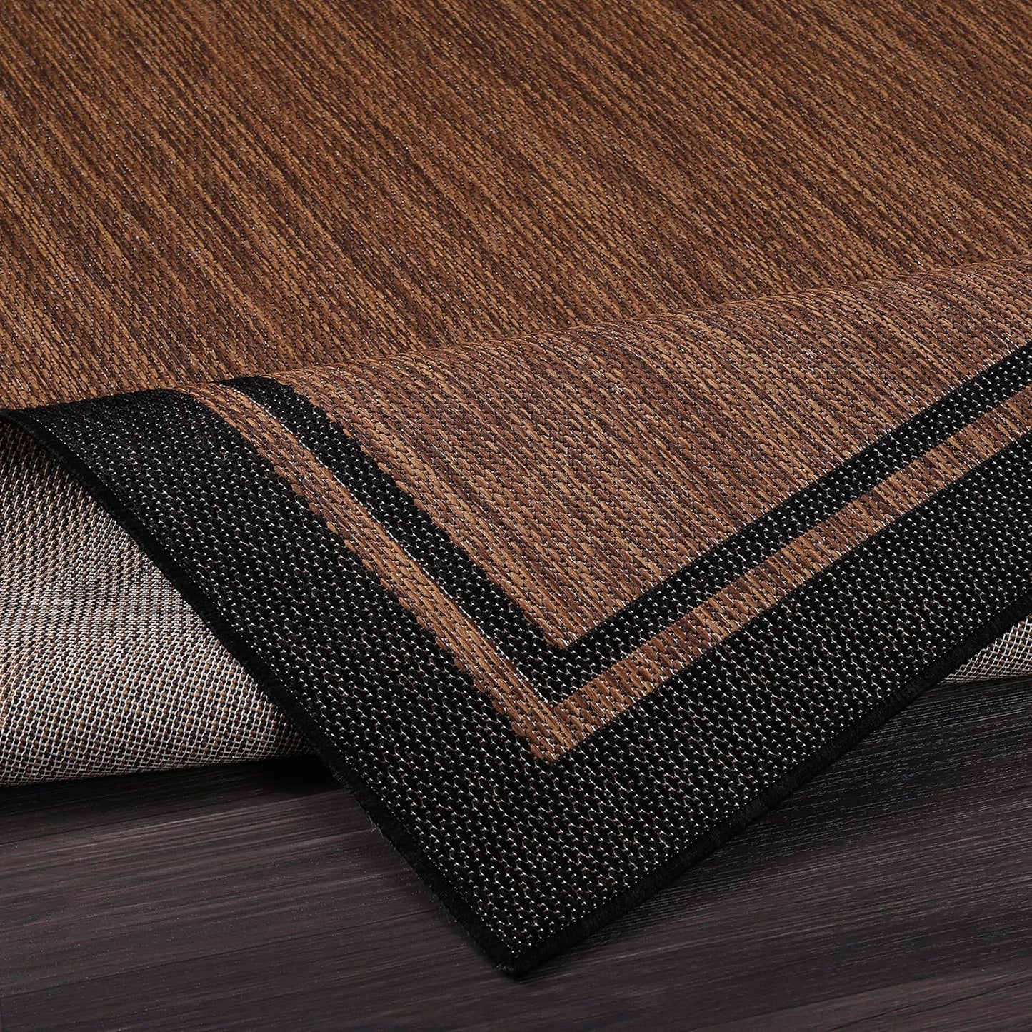 CAMILSON Indoor Outdoor Rug, 9x12 Bordered Nut Brown Black Modern Area Rugs for Indoor and Outdoor