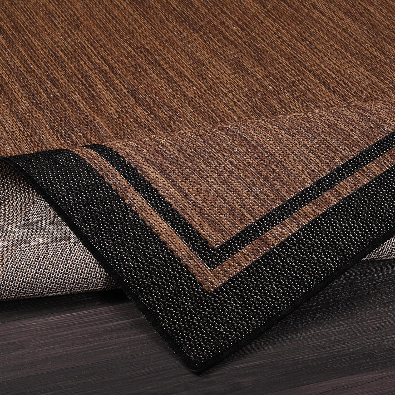 CAMILSON Indoor Outdoor Rug, 9x12 Bordered Nut Brown Black Modern Area Rugs for Indoor and Outdoor