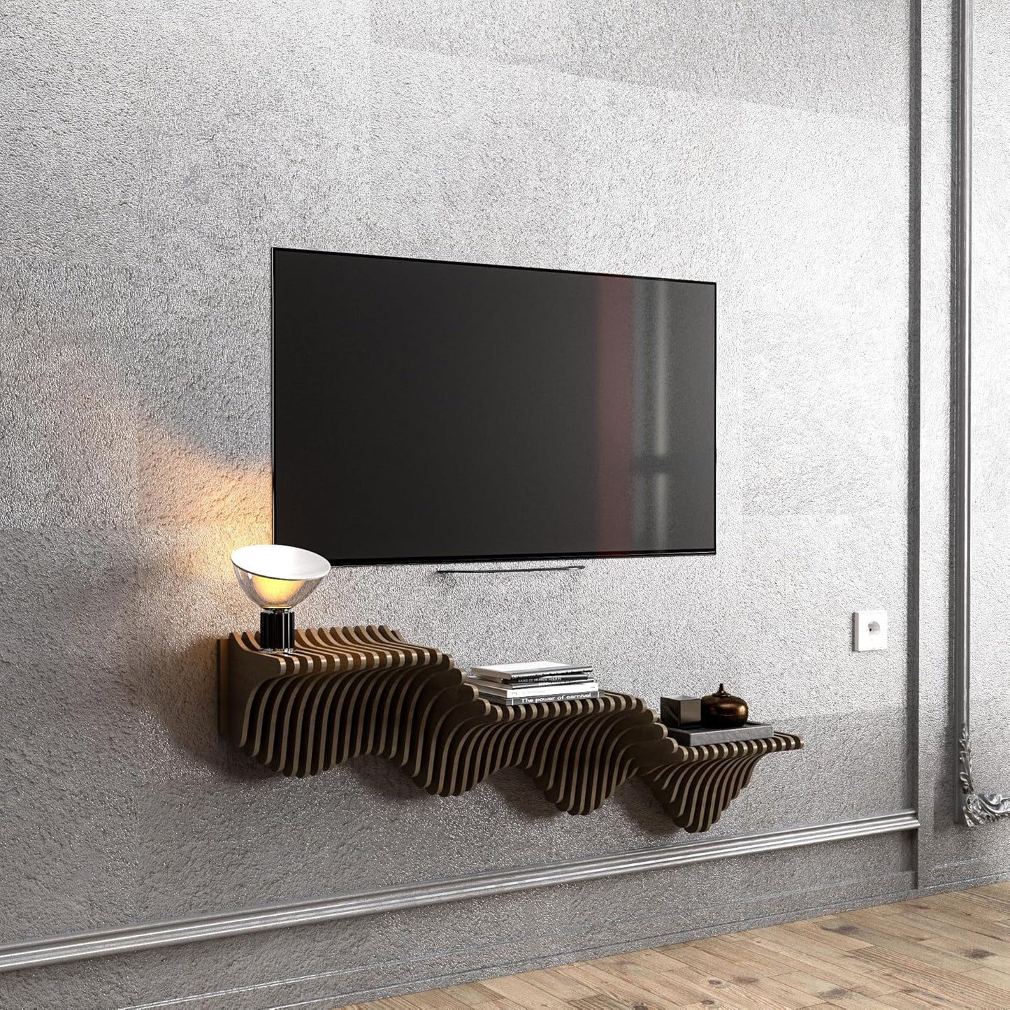 Parametric 40 inch Floating Shelf TV Unit Modern Geometric Wooden Wall Piece Decor Natural Oak