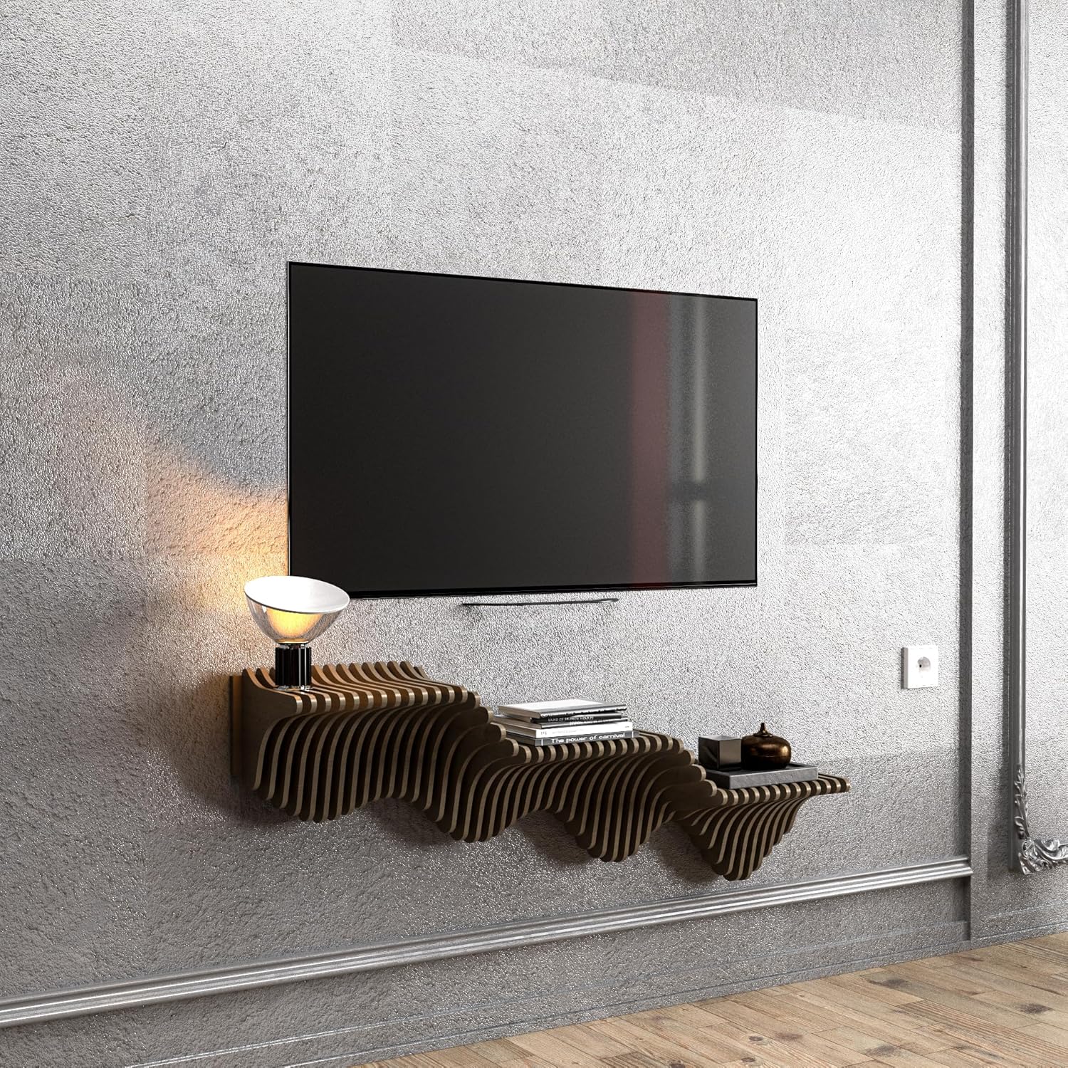Parametric 40 inch Floating Shelf TV Unit Modern Geometric Wooden Wall Piece Decor Natural Oak