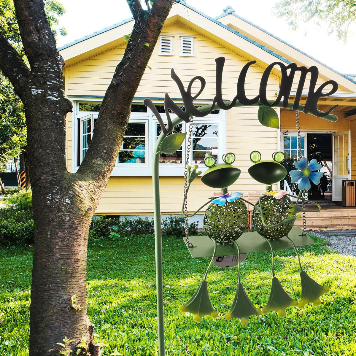 Frog Solar Light Garden Outdoor Decoration Swing Metal Stake Lamp with Welcome Sign Waterproof