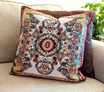 Tache Cushion Cover 18x18 Rococo Elegant Ornate Ivory Colorful Paisley Cotton Linen Tapestry Woven