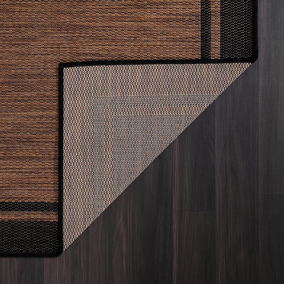CAMILSON Indoor Outdoor Rug, 9x12 Bordered Nut Brown Black Modern Area Rugs for Indoor and Outdoor