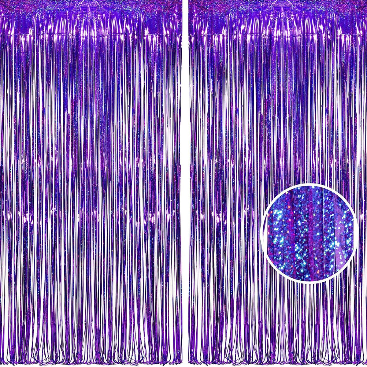 BRAVESHINE Purple Tinsel Foil Fringe Curtains - 2Pcs 3.2x8.2ft Metallic Holidays Photo Backdrop for